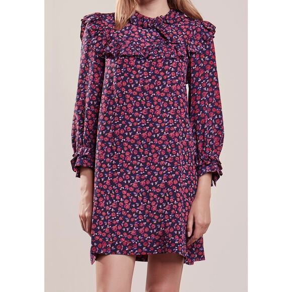 EUC Sandro Paris Floral Ruffle Silk Mini Dress S 4 Long Sleeve Multicolor Print - Picture 1 of 16
